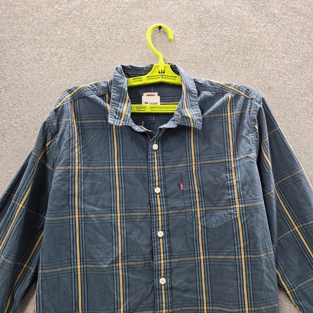 Levi's‎ Men Button Up Shirt L Blue Plaid Casual Standard Long Sleeve Logo